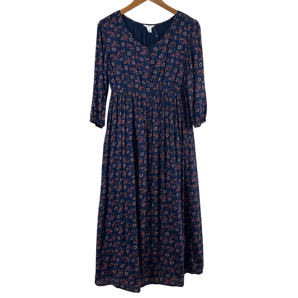 Caslon Navy Blue Ditsy Floral V-Neck Cotton Lined Midi‎ Dress Pockets Size XS